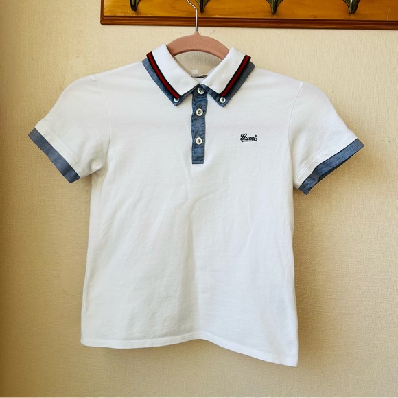 Authentic Gucci Kids Sylvie Web-detailed polo shirt Size 8 White EUC - Picture 1 of 15